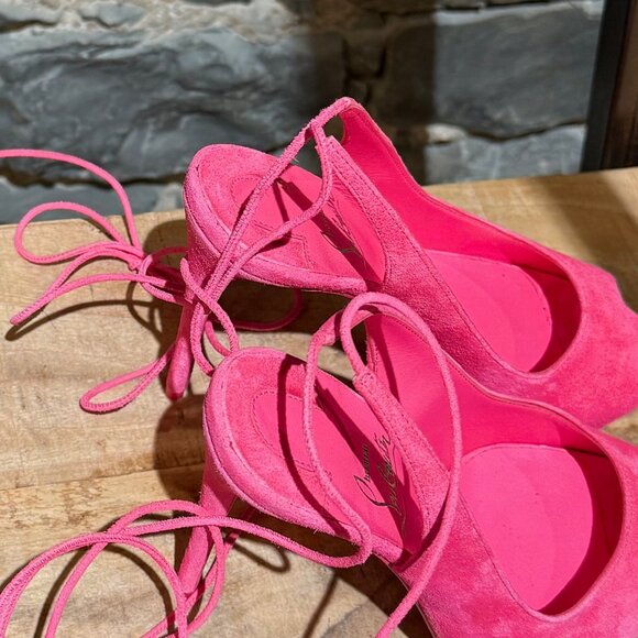 Christian Louboutin Hot Pink Suede Lace Up NVP 120 Peep Toe Pumps - Picture 11 of 12
